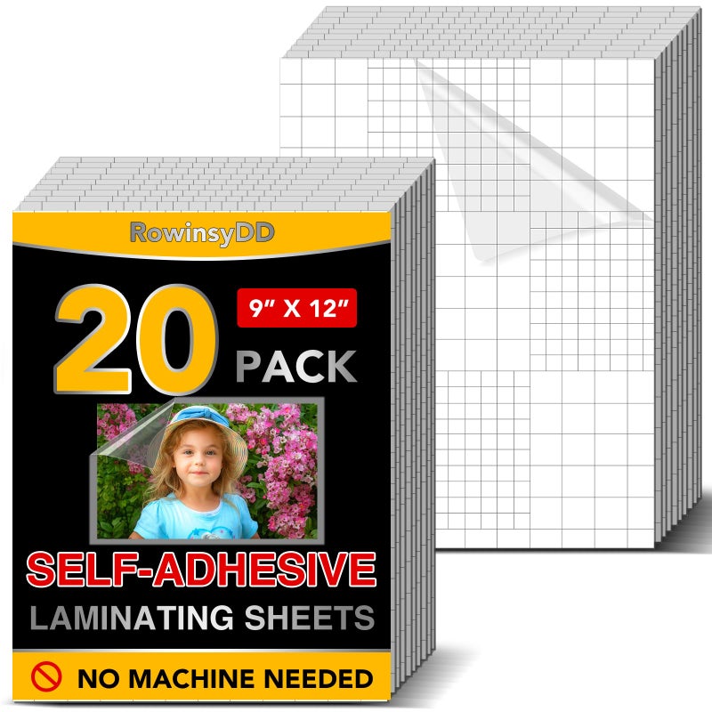 RowinsyDD 20 Pcs Self-Adhesive Laminating Sheets, 9 X 12 Inches Clear Laminating Sheets No Machine Needed Self Sealing Laminate Sheets - Image 1